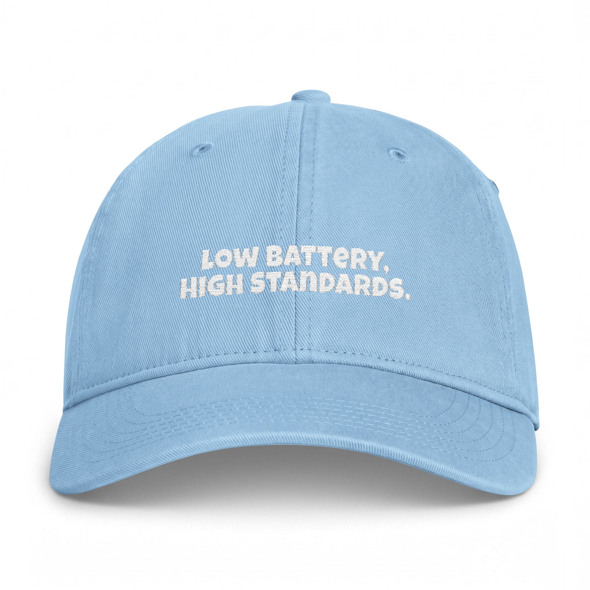 Embroidered Dad Hat — “Low Battery, High Standards” Coastal Washed Cap