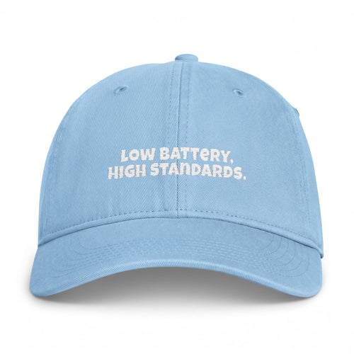 Embroidered Dad Hat — “Low Battery, High Standards” Coastal Washed Cap