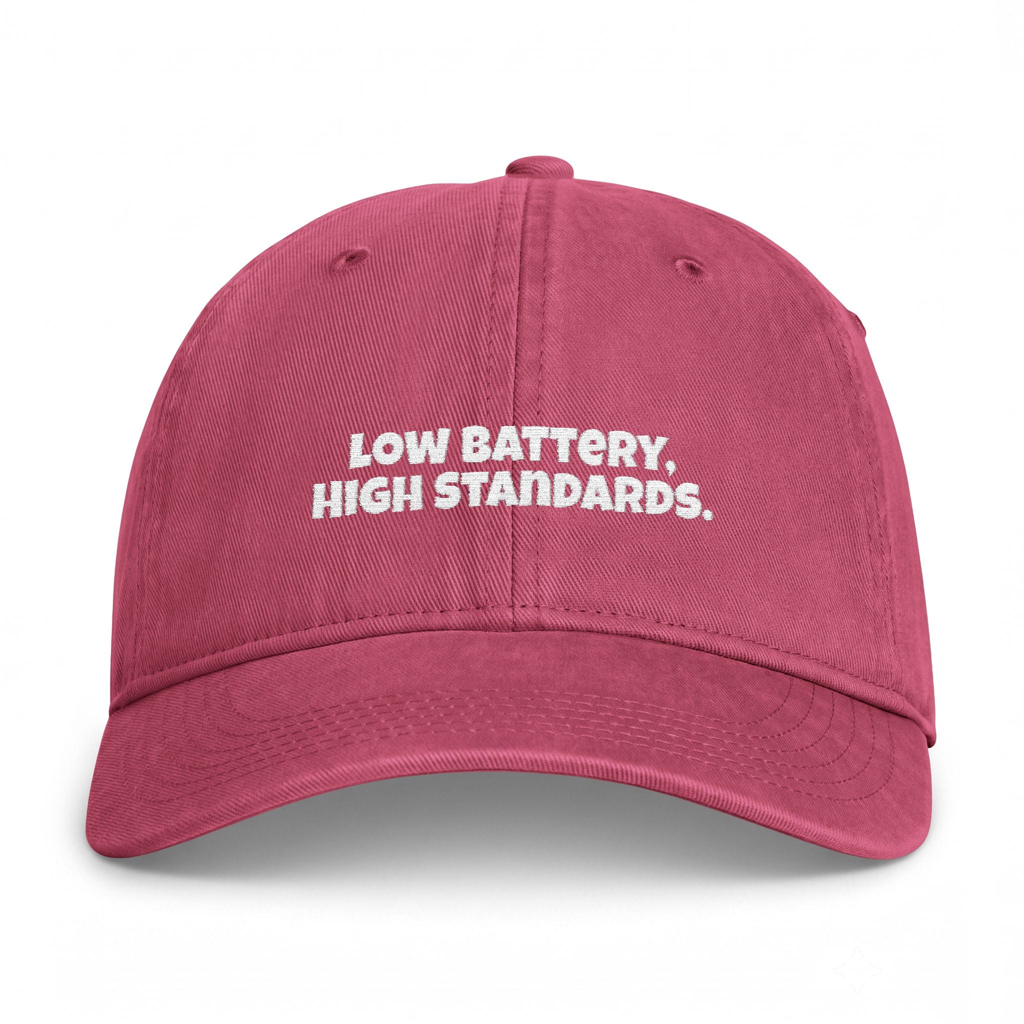 Embroidered Dad Hat — “Low Battery, High Standards” Coastal Washed Cap