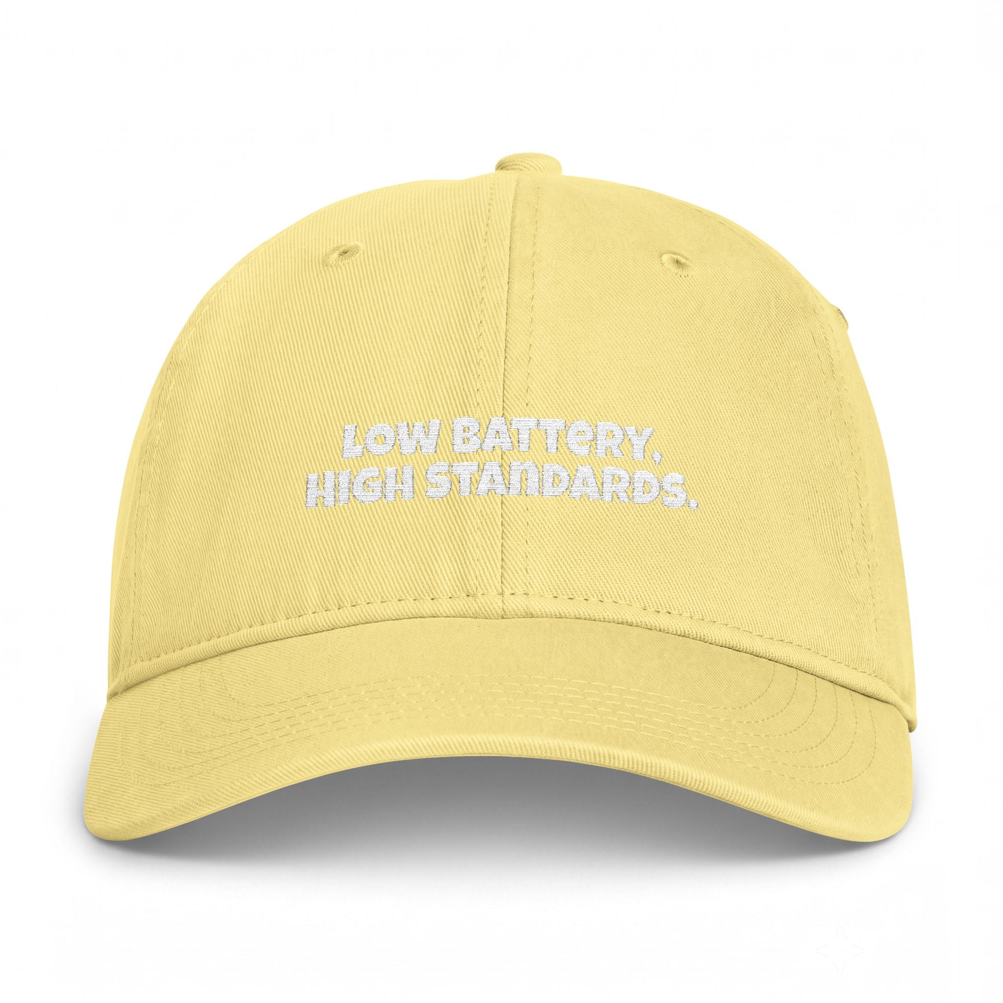 Embroidered Dad Hat — “Low Battery, High Standards” Coastal Washed Cap